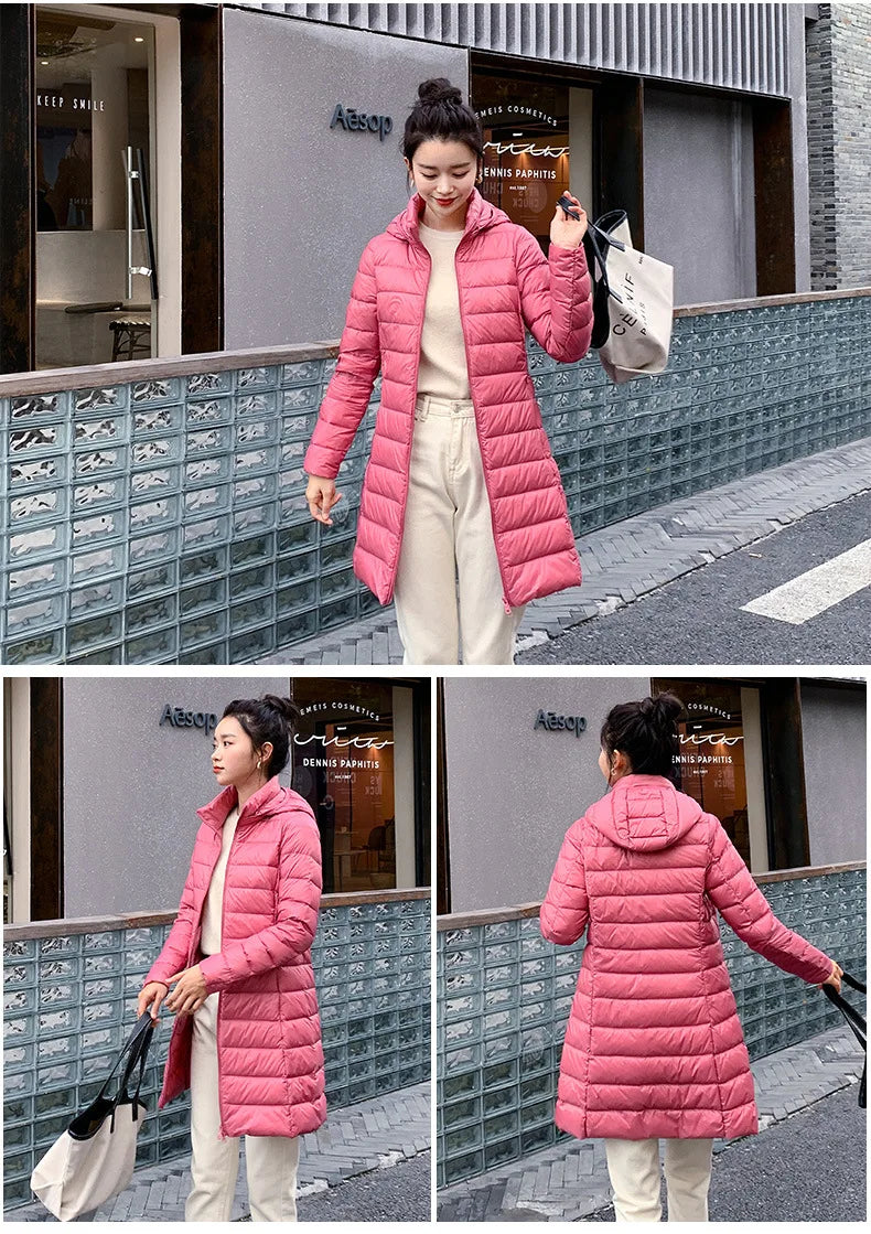 White Down Jacket Women's Mid-Length 2023 Winter New Detachable Hoody Slim Plus Size White Duck Down Coat