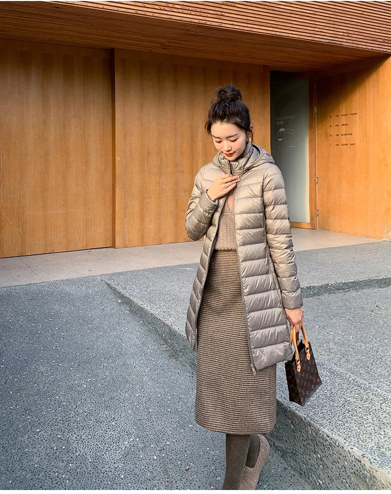 White Down Jacket Women's Mid-Length 2023 Winter New Detachable Hoody Slim Plus Size White Duck Down Coat