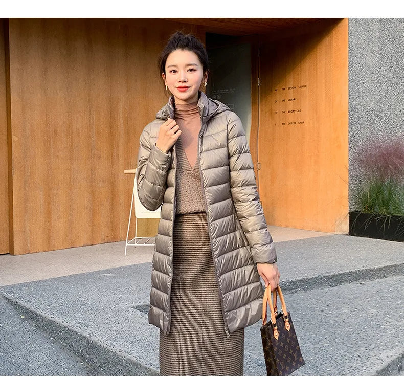 White Down Jacket Women's Mid-Length 2023 Winter New Detachable Hoody Slim Plus Size White Duck Down Coat