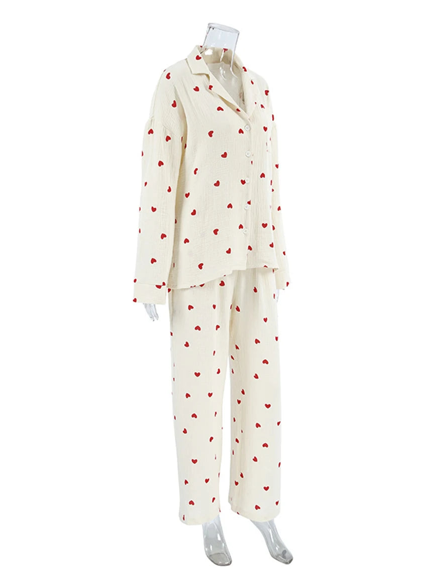 Marthaqiqi Loose Ladies Sleepwear Suit Sexy Turn-Down Collar Nightwear Long Sleeve Nightgowns Pants Printing Female Pajamas Set