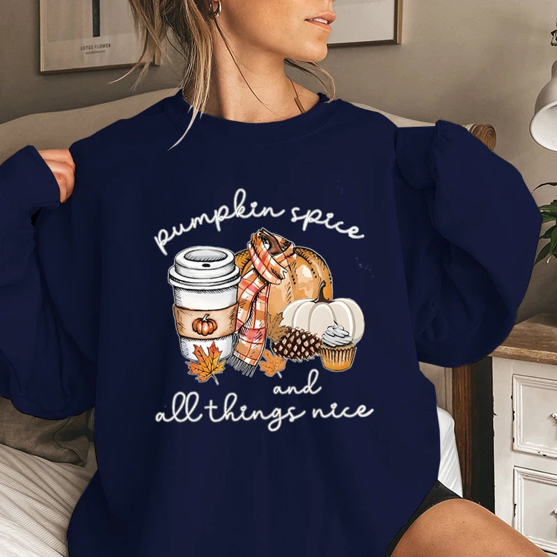 Pumpkin Spice And All Things Nice Print Sweatshirt Casual Long Sleeve Crew Neck Pullovers For Fall & Winter Women's Clothing