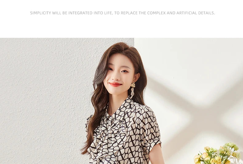 NAVIU Elegant Women Ruffles Shirt New Summer Temperament Short Sleeve Slim Chiffon Blouses Office Ladies Work Tops