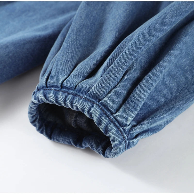 Street Denim Women's Shirt Solid Puff Half Sleeve Single Breasted Pleated Blouses Female 2025 Spring Summer All-match Streetwear