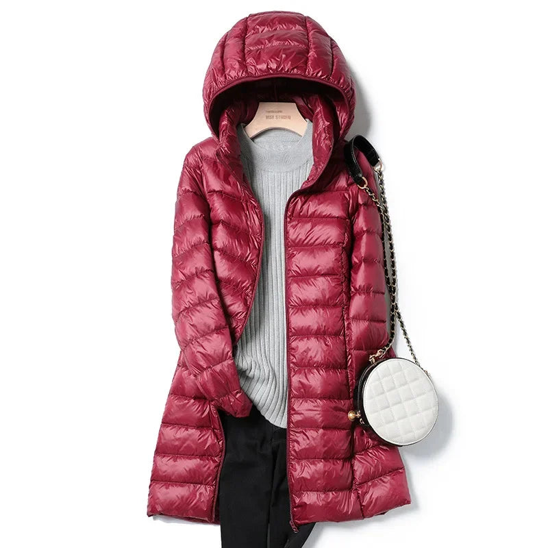 White Down Jacket Women's Mid-Length 2023 Winter New Detachable Hoody Slim Plus Size White Duck Down Coat