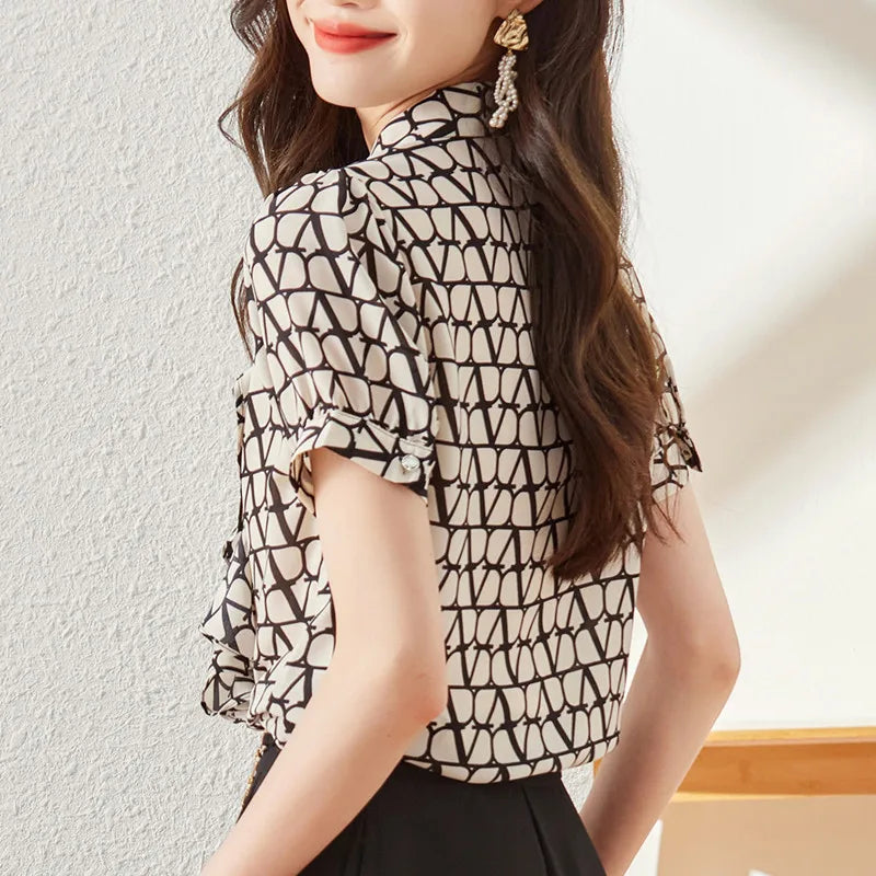 NAVIU Elegant Women Ruffles Shirt New Summer Temperament Short Sleeve Slim Chiffon Blouses Office Ladies Work Tops