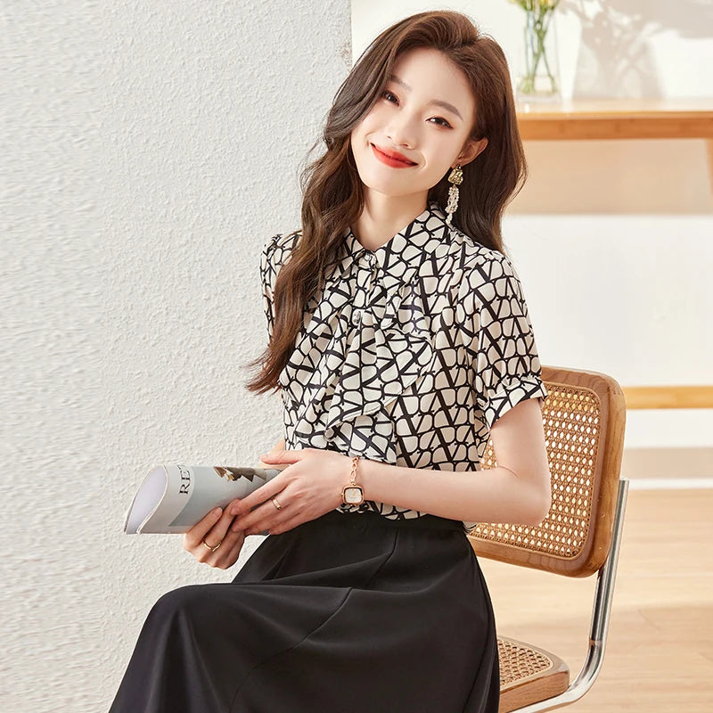 NAVIU Elegant Women Ruffles Shirt New Summer Temperament Short Sleeve Slim Chiffon Blouses Office Ladies Work Tops