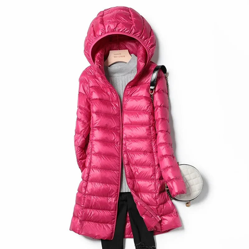 White Down Jacket Women's Mid-Length 2023 Winter New Detachable Hoody Slim Plus Size White Duck Down Coat