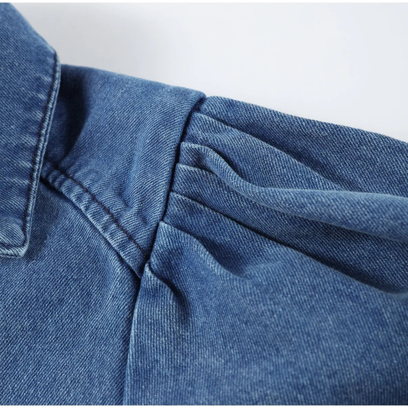 Street Denim Women's Shirt Solid Puff Half Sleeve Single Breasted Pleated Blouses Female 2025 Spring Summer All-match Streetwear