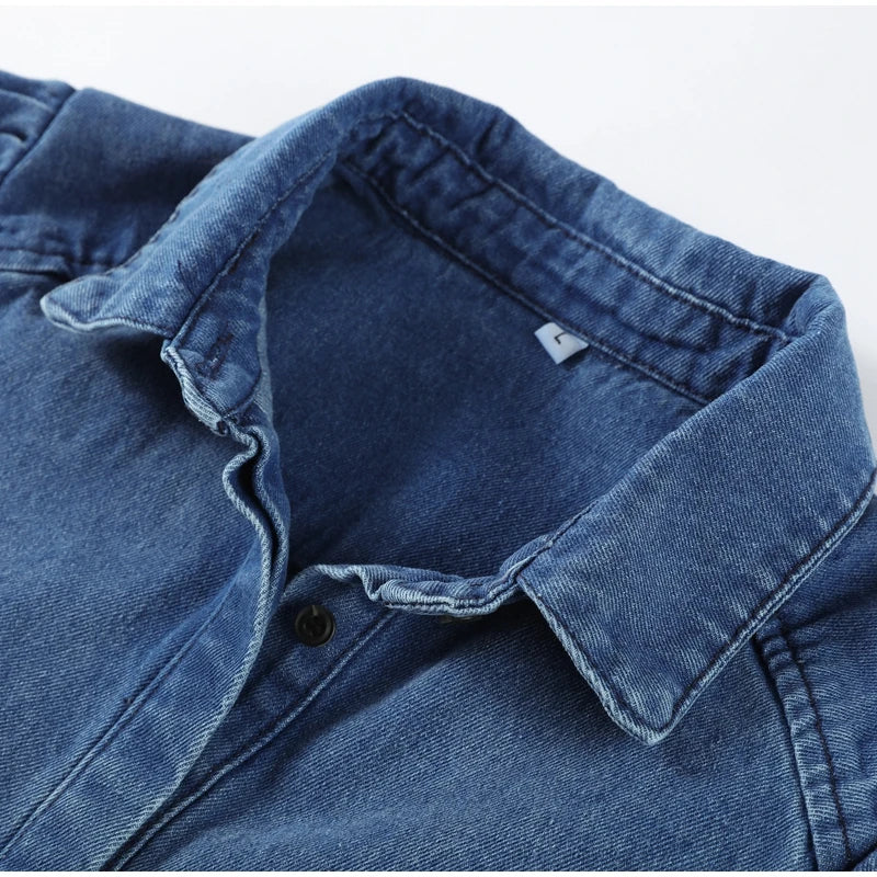 Street Denim Women's Shirt Solid Puff Half Sleeve Single Breasted Pleated Blouses Female 2025 Spring Summer All-match Streetwear