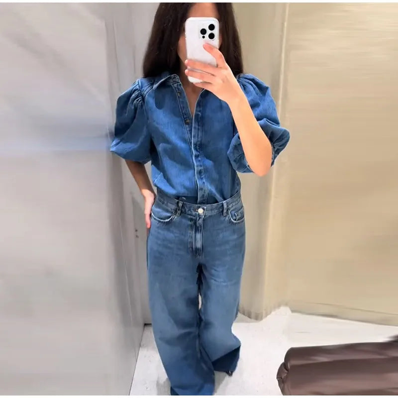 Street Denim Women's Shirt Solid Puff Half Sleeve Single Breasted Pleated Blouses Female 2025 Spring Summer All-match Streetwear