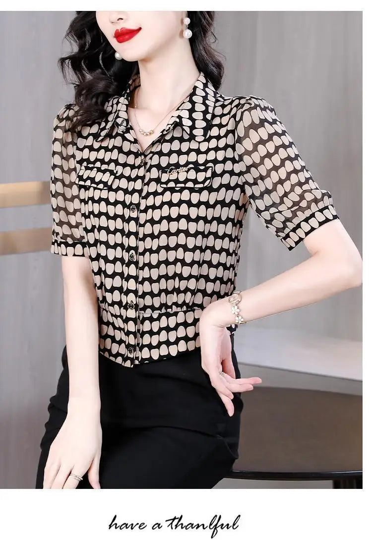 Temperament Fashion Summer Chiffon Shirts Women Polo-Neck Single Breasted Polka Dot Western Style Short Corset Short Sleeve Tops