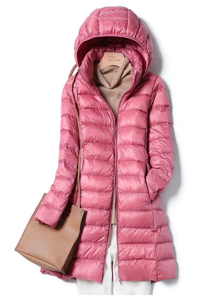 White Down Jacket Women's Mid-Length 2023 Winter New Detachable Hoody Slim Plus Size White Duck Down Coat