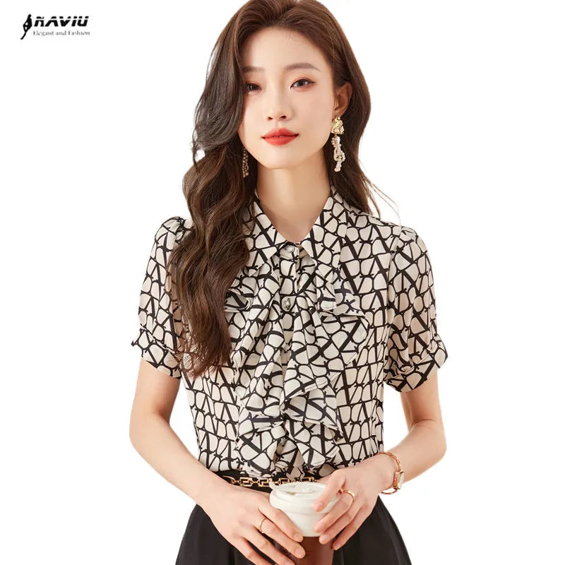 NAVIU Elegant Women Ruffles Shirt New Summer Temperament Short Sleeve Slim Chiffon Blouses Office Ladies Work Tops