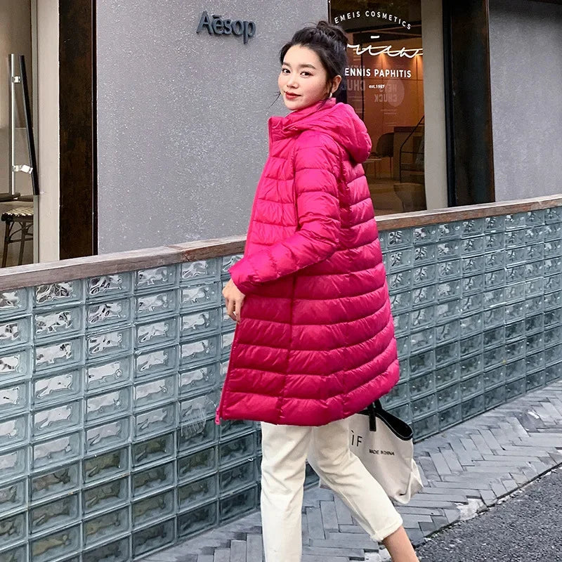 White Down Jacket Women's Mid-Length 2023 Winter New Detachable Hoody Slim Plus Size White Duck Down Coat