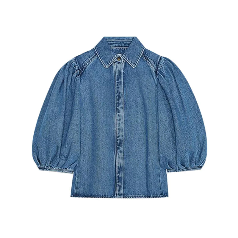 Street Denim Women's Shirt Solid Puff Half Sleeve Single Breasted Pleated Blouses Female 2025 Spring Summer All-match Streetwear