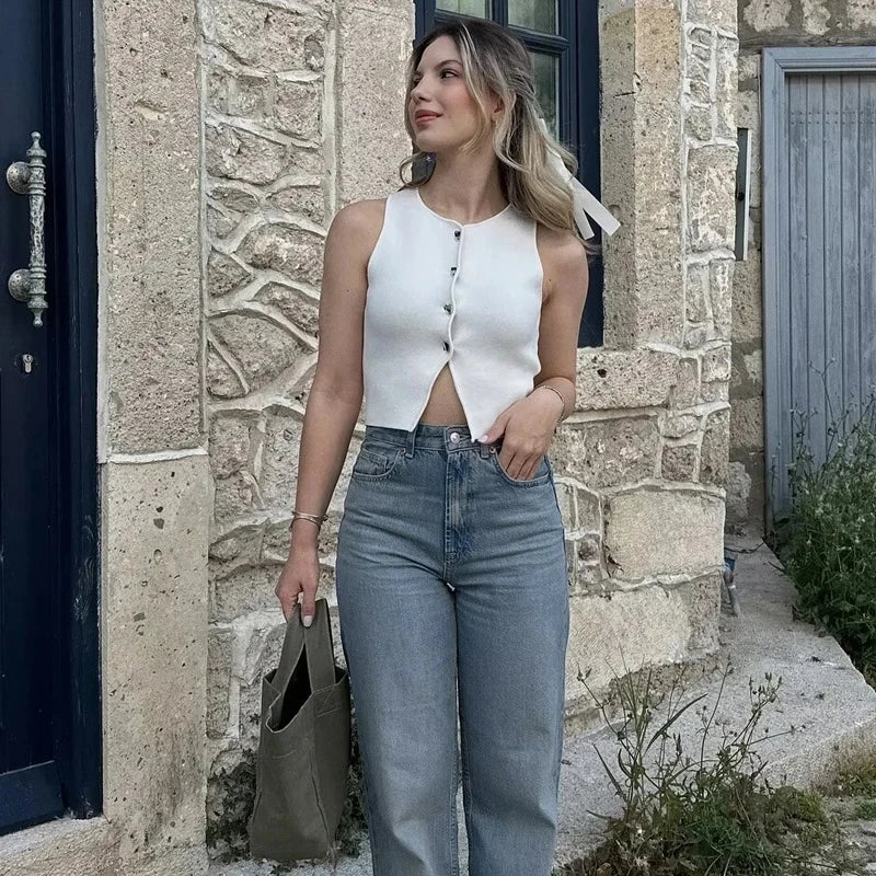 MUJER Pink Knit Sleeveless Vest Women Cropped Sweater Vest Top Women Yellow Button Vests Women Streetwear Waistcoat Knitwears