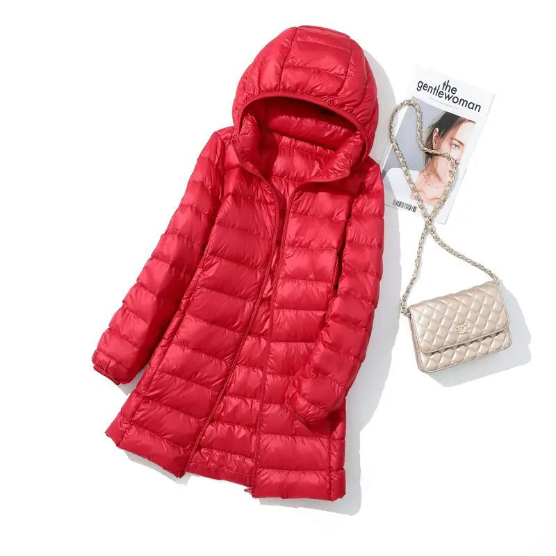 Plus Size Women's Autumn and Winter New Lightweight Down Jacket Women's Mid-length Korean-style Hooded Light Jacket Large Size