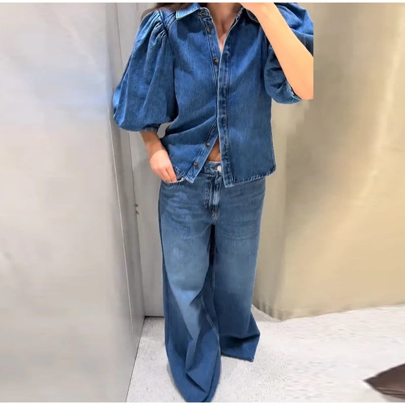 Street Denim Women's Shirt Solid Puff Half Sleeve Single Breasted Pleated Blouses Female 2025 Spring Summer All-match Streetwear