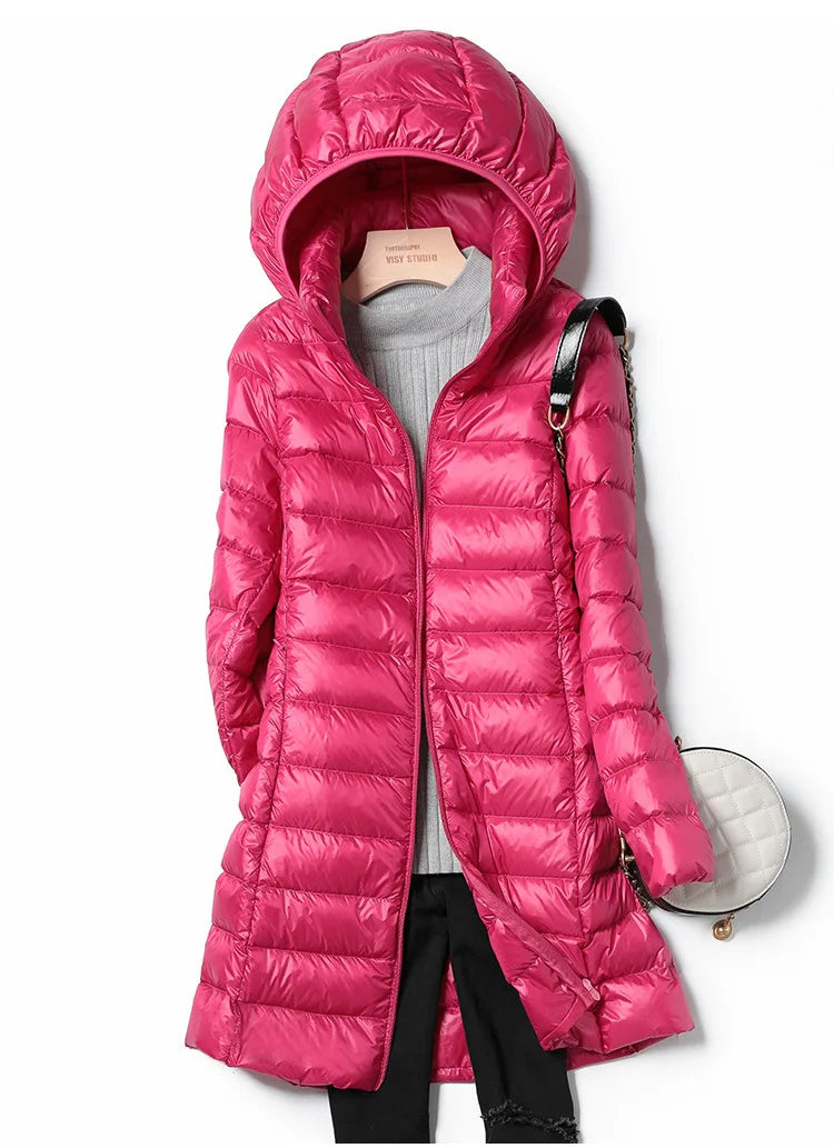 White Down Jacket Women's Mid-Length 2023 Winter New Detachable Hoody Slim Plus Size White Duck Down Coat