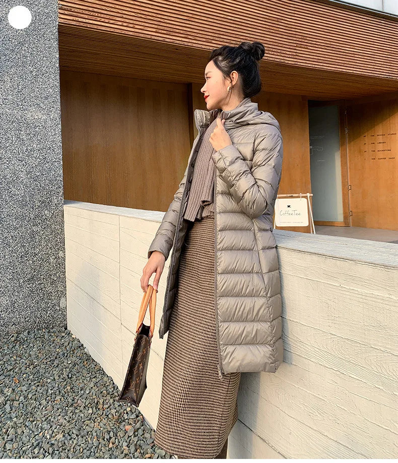 White Down Jacket Women's Mid-Length 2023 Winter New Detachable Hoody Slim Plus Size White Duck Down Coat