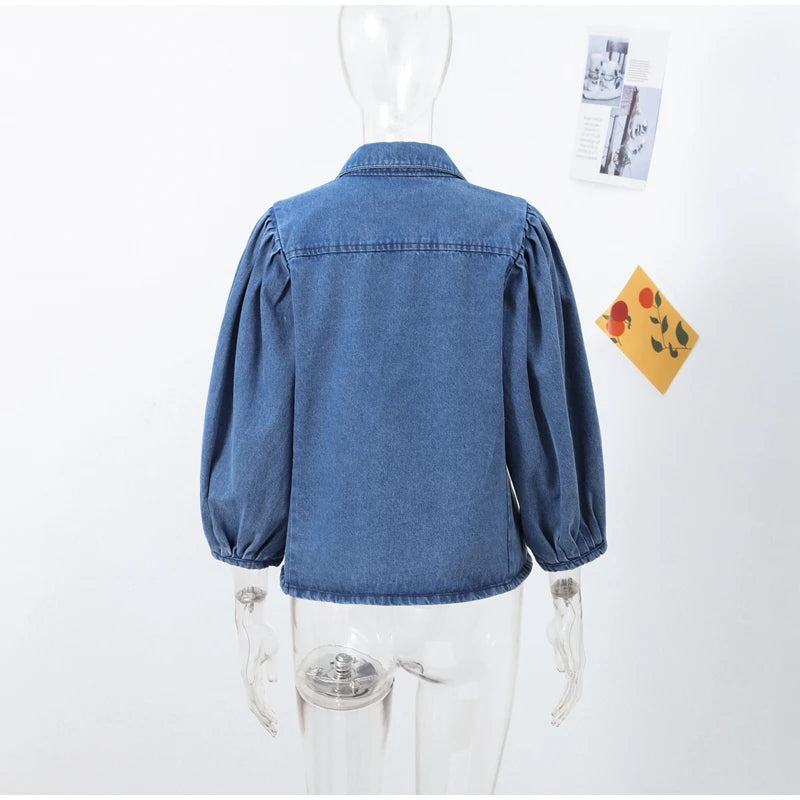 Street Denim Women's Shirt Solid Puff Half Sleeve Single Breasted Pleated Blouses Female 2025 Spring Summer All-match Streetwear