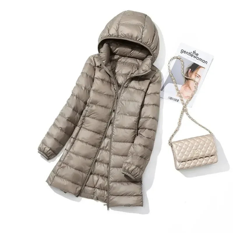 Plus Size Women's Autumn and Winter New Lightweight Down Jacket Women's Mid-length Korean-style Hooded Light Jacket Large Size