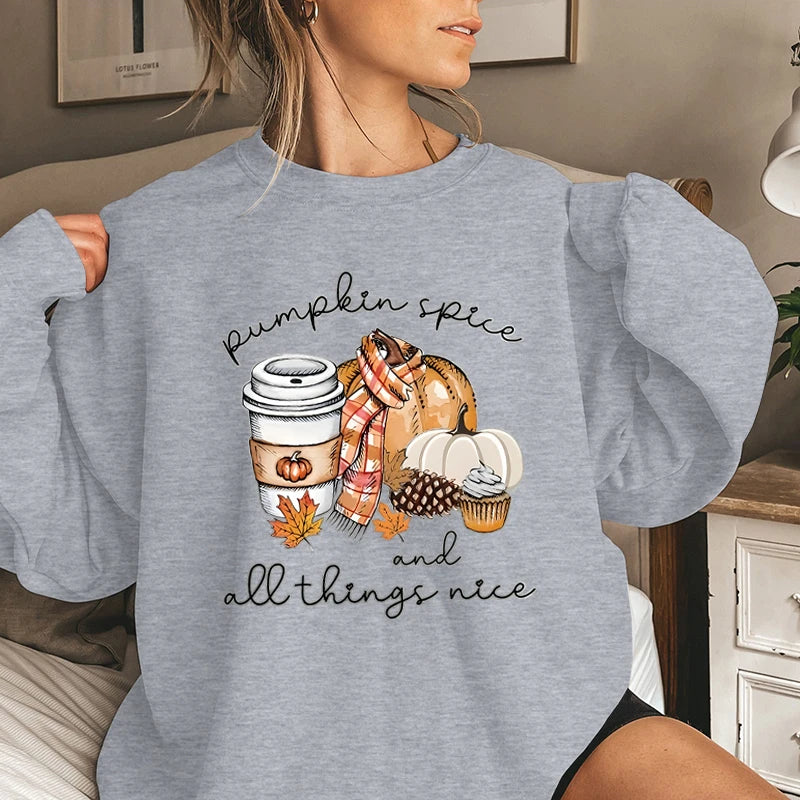 Pumpkin Spice And All Things Nice Print Sweatshirt Casual Long Sleeve Crew Neck Pullovers For Fall & Winter Women's Clothing