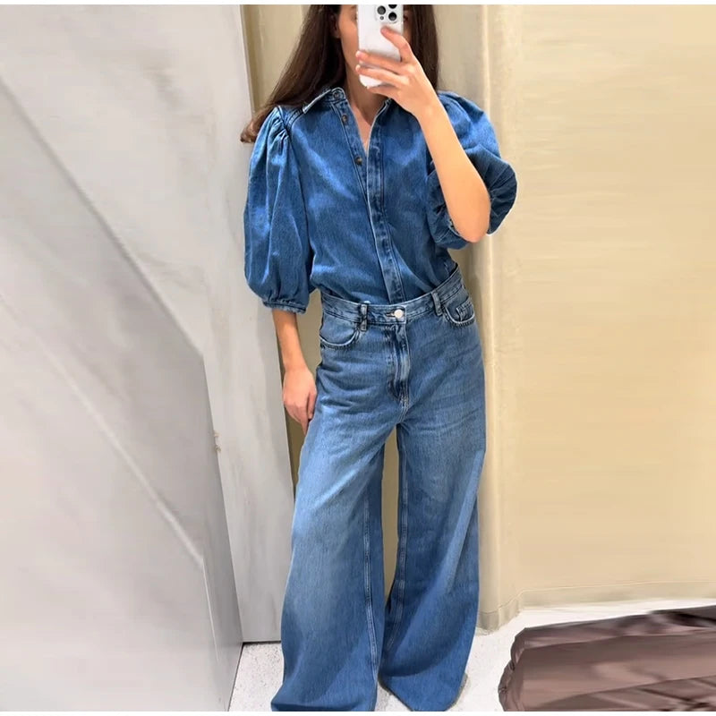 Street Denim Women's Shirt Solid Puff Half Sleeve Single Breasted Pleated Blouses Female 2025 Spring Summer All-match Streetwear
