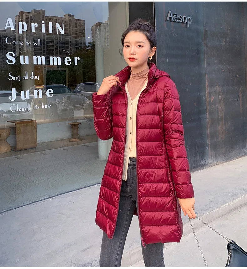 White Down Jacket Women's Mid-Length 2023 Winter New Detachable Hoody Slim Plus Size White Duck Down Coat