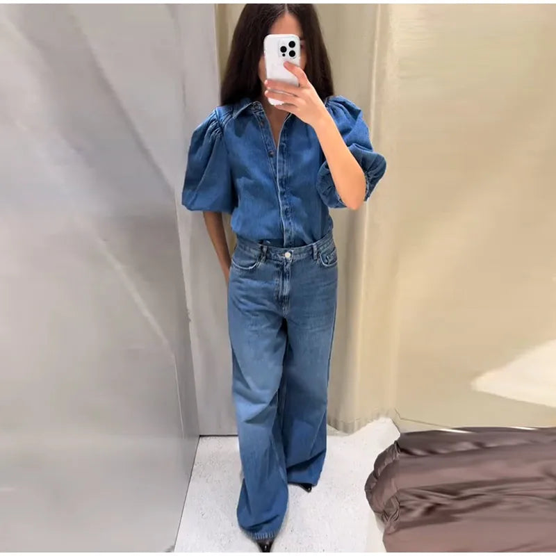 Street Denim Women's Shirt Solid Puff Half Sleeve Single Breasted Pleated Blouses Female 2025 Spring Summer All-match Streetwear