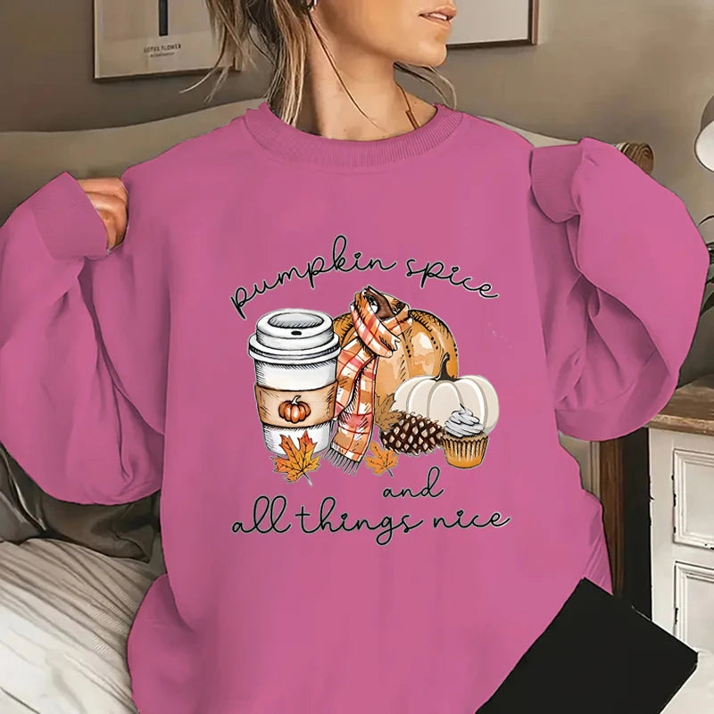 Pumpkin Spice And All Things Nice Print Sweatshirt Casual Long Sleeve Crew Neck Pullovers For Fall & Winter Women's Clothing