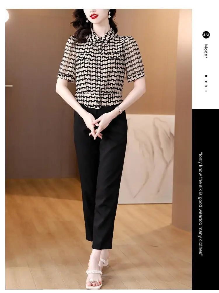 Temperament Fashion Summer Chiffon Shirts Women Polo-Neck Single Breasted Polka Dot Western Style Short Corset Short Sleeve Tops