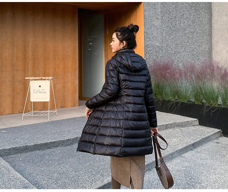 White Down Jacket Women's Mid-Length 2023 Winter New Detachable Hoody Slim Plus Size White Duck Down Coat