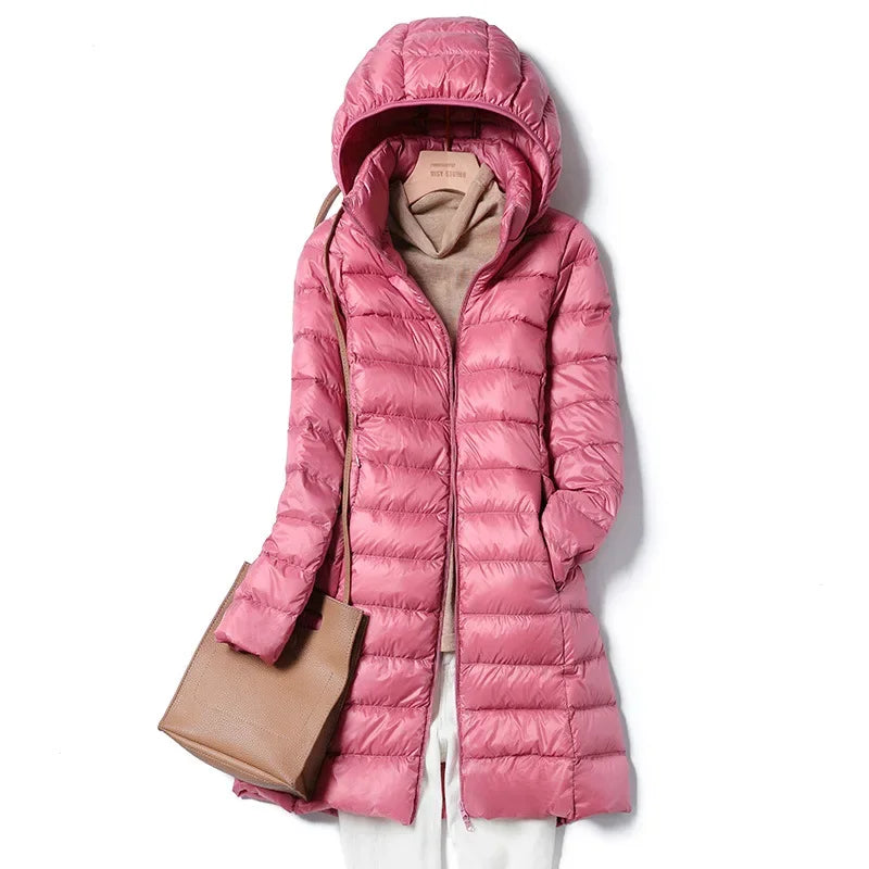White Down Jacket Women's Mid-Length 2023 Winter New Detachable Hoody Slim Plus Size White Duck Down Coat