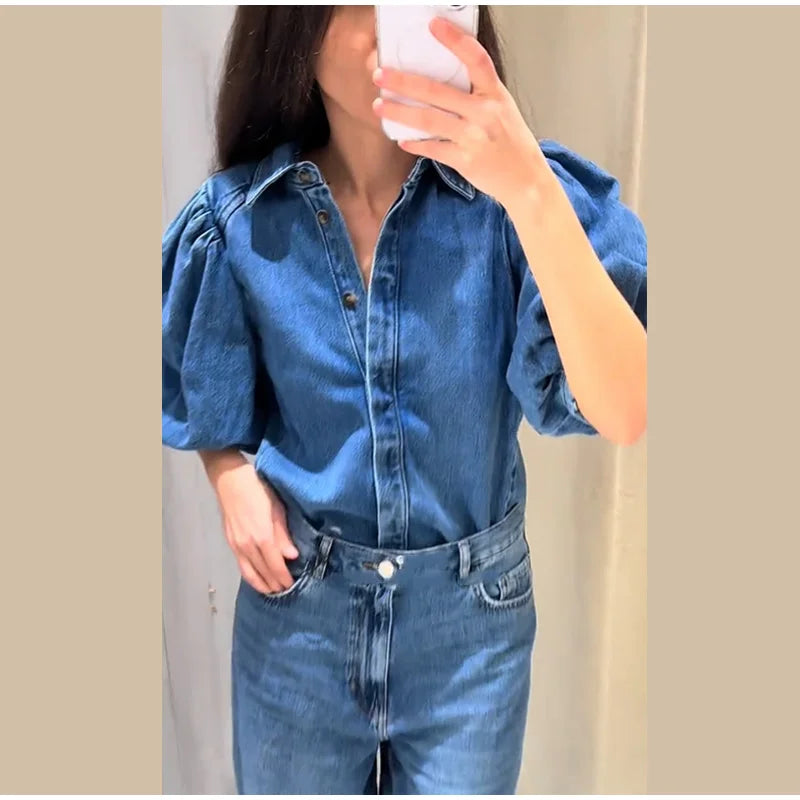 Street Denim Women's Shirt Solid Puff Half Sleeve Single Breasted Pleated Blouses Female 2025 Spring Summer All-match Streetwear