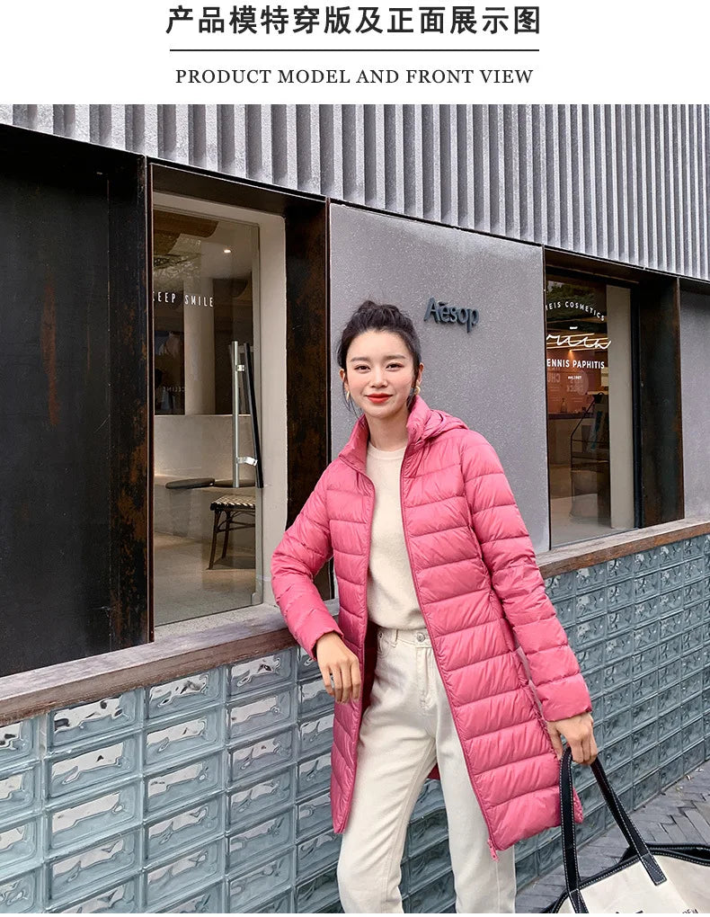 White Down Jacket Women's Mid-Length 2023 Winter New Detachable Hoody Slim Plus Size White Duck Down Coat