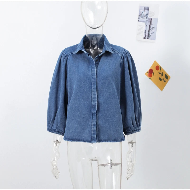 Street Denim Women's Shirt Solid Puff Half Sleeve Single Breasted Pleated Blouses Female 2025 Spring Summer All-match Streetwear