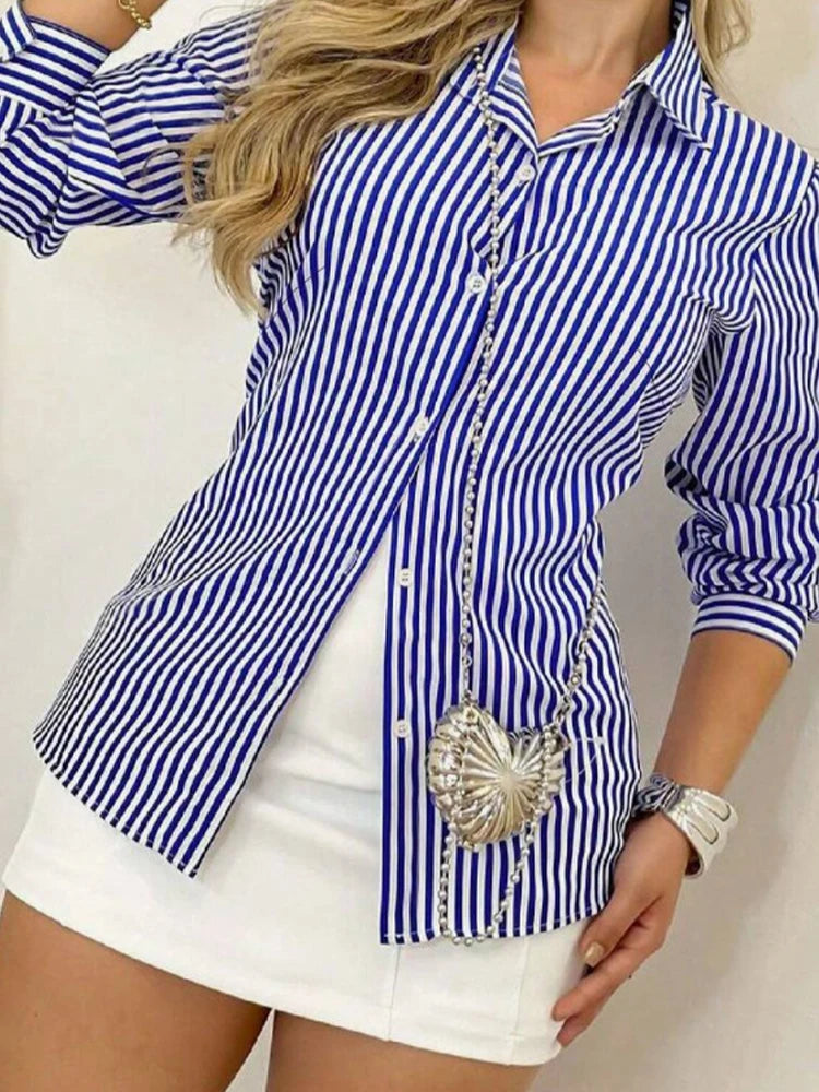 Women's street style thin classic business blue and white striped button-up lapel long-sleeved shirt