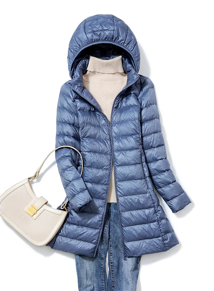 White Down Jacket Women's Mid-Length 2023 Winter New Detachable Hoody Slim Plus Size White Duck Down Coat