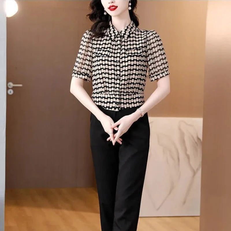 Temperament Fashion Summer Chiffon Shirts Women Polo-Neck Single Breasted Polka Dot Western Style Short Corset Short Sleeve Tops