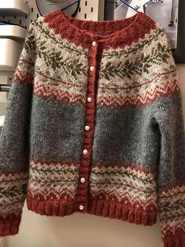 Vintage Knitting Long Sleeve Casual Green Striped Pullovers Women 2025 Winter Fashion Round Neck Ladies Loose Female Sweater Top