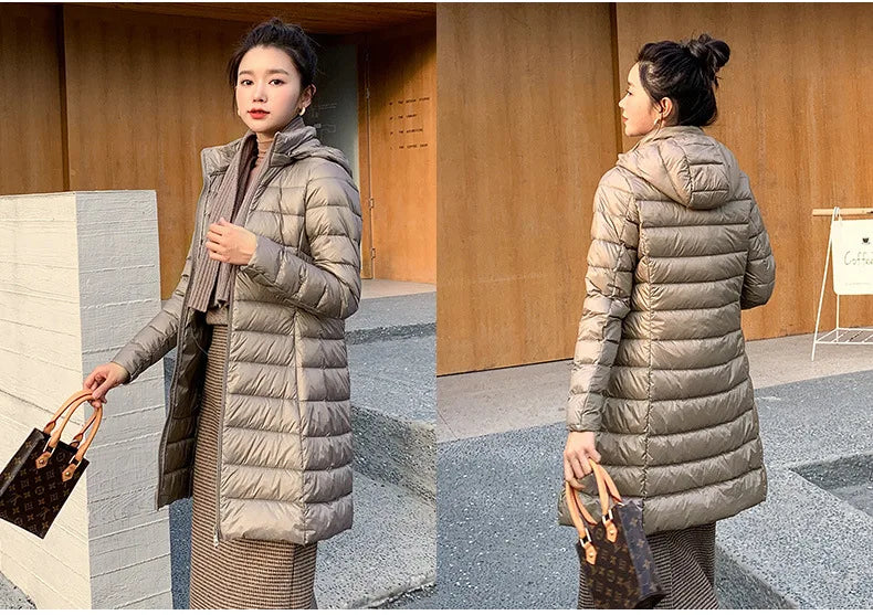 White Down Jacket Women's Mid-Length 2023 Winter New Detachable Hoody Slim Plus Size White Duck Down Coat