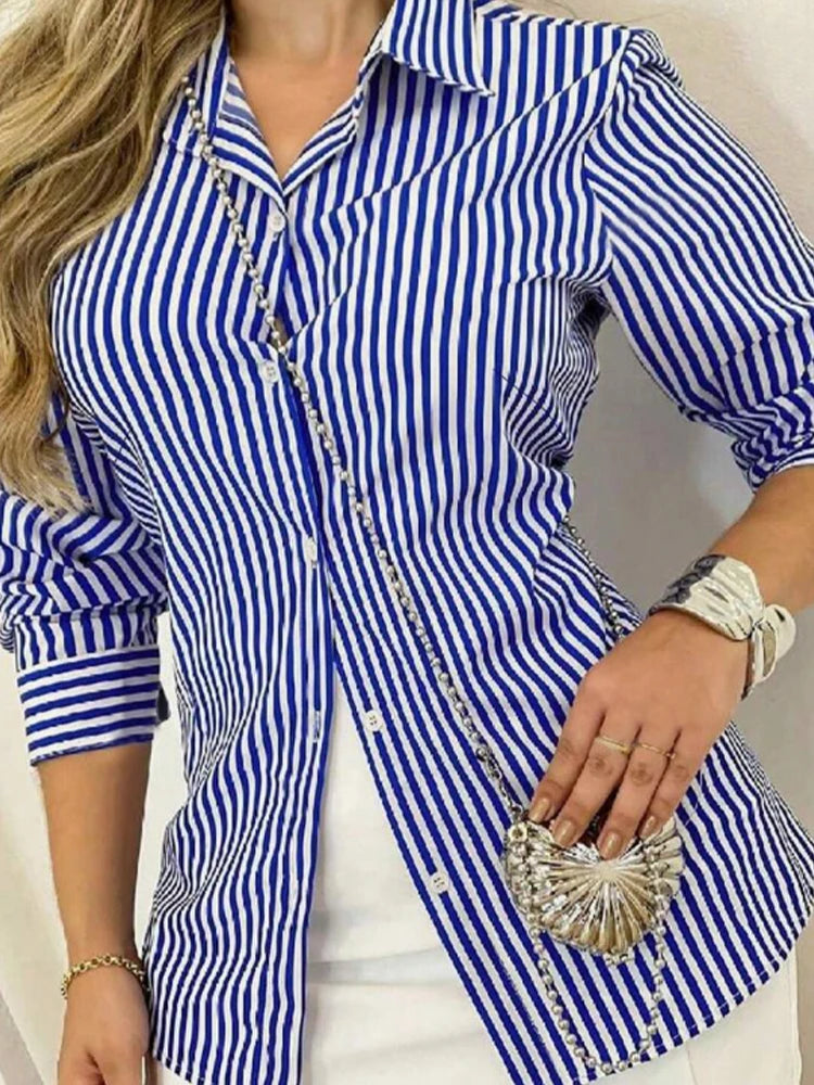 Women's street style thin classic business blue and white striped button-up lapel long-sleeved shirt
