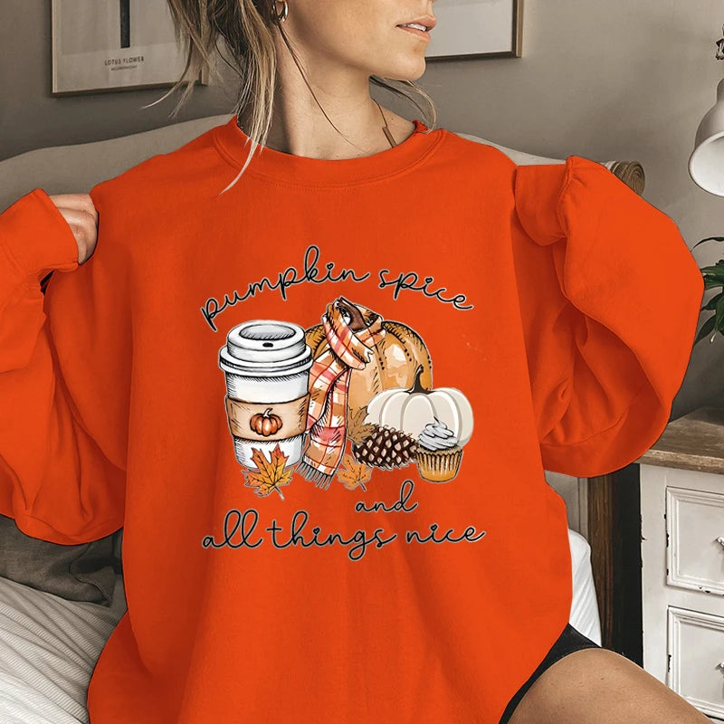 Pumpkin Spice And All Things Nice Print Sweatshirt Casual Long Sleeve Crew Neck Pullovers For Fall & Winter Women's Clothing