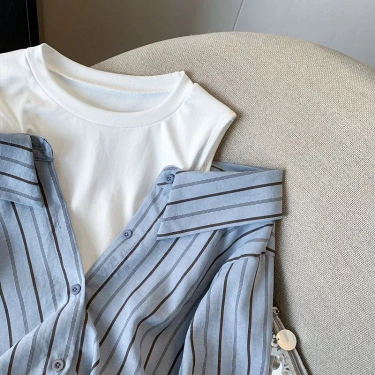 Vintage Fake Two Piece Striped Blouses Y2k Off Shoulder Long Sleeve Blusas De Mujer 2025 Early Spring New Shirts Women