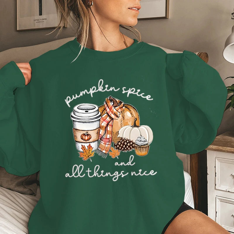 Pumpkin Spice And All Things Nice Print Sweatshirt Casual Long Sleeve Crew Neck Pullovers For Fall & Winter Women's Clothing