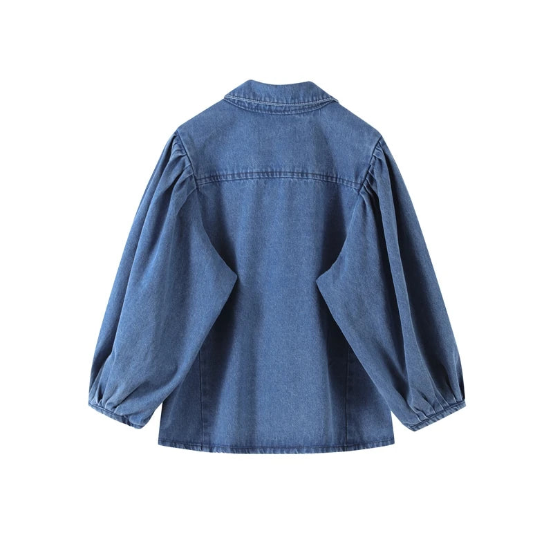 Street Denim Women's Shirt Solid Puff Half Sleeve Single Breasted Pleated Blouses Female 2025 Spring Summer All-match Streetwear