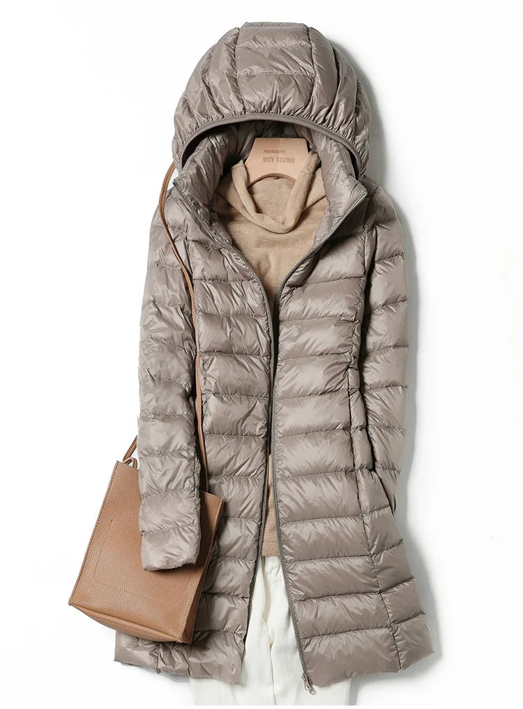 White Down Jacket Women's Mid-Length 2023 Winter New Detachable Hoody Slim Plus Size White Duck Down Coat