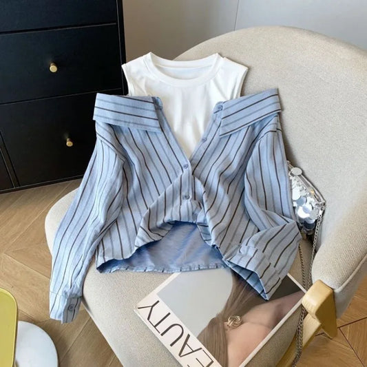 Vintage Fake Two Piece Striped Blouses Y2k Off Shoulder Long Sleeve Blusas De Mujer 2025 Early Spring New Shirts Women