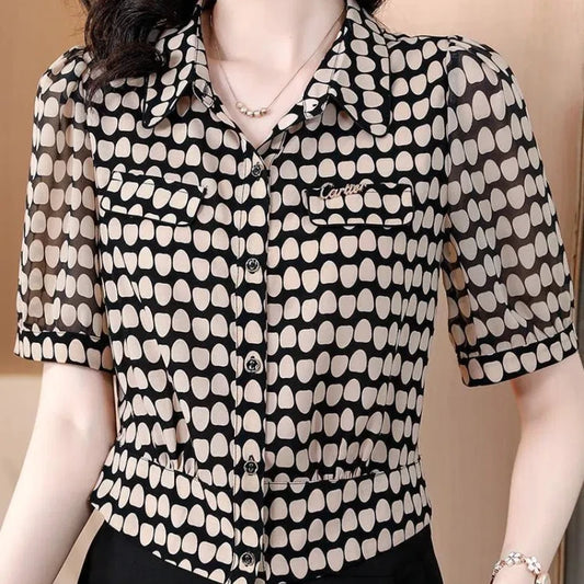 Temperament Fashion Summer Chiffon Shirts Women Polo-Neck Single Breasted Polka Dot Western Style Short Corset Short Sleeve Tops